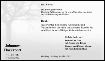 Traueranzeige von Johannes Hackvoort von Tageszeitung