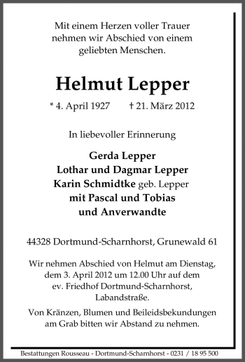Traueranzeige von Helmut Lepper von Tageszeitung