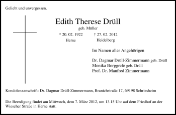 Traueranzeige von Edith Therese Drüll von Tageszeitung