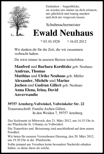 Traueranzeige von Ewald Neuhaus von Tageszeitung
