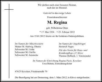 Traueranzeige von M. Regina Unbekannt von Tageszeitung