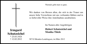 Traueranzeige von Irmgard Schutzeichel von Tageszeitung