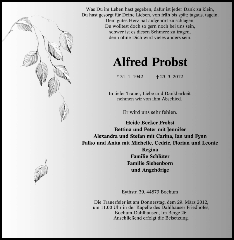  Traueranzeige für Alfred Probst vom 27.03.2012 aus Tageszeitung