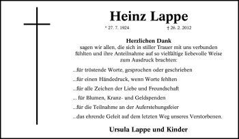Traueranzeige von Heinz Lappe von Tageszeitung