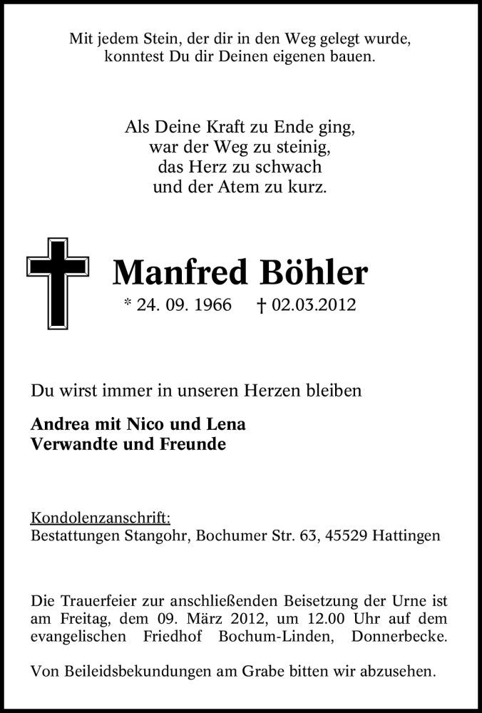  Traueranzeige für Manfred Böhler vom 07.03.2012 aus Tageszeitung