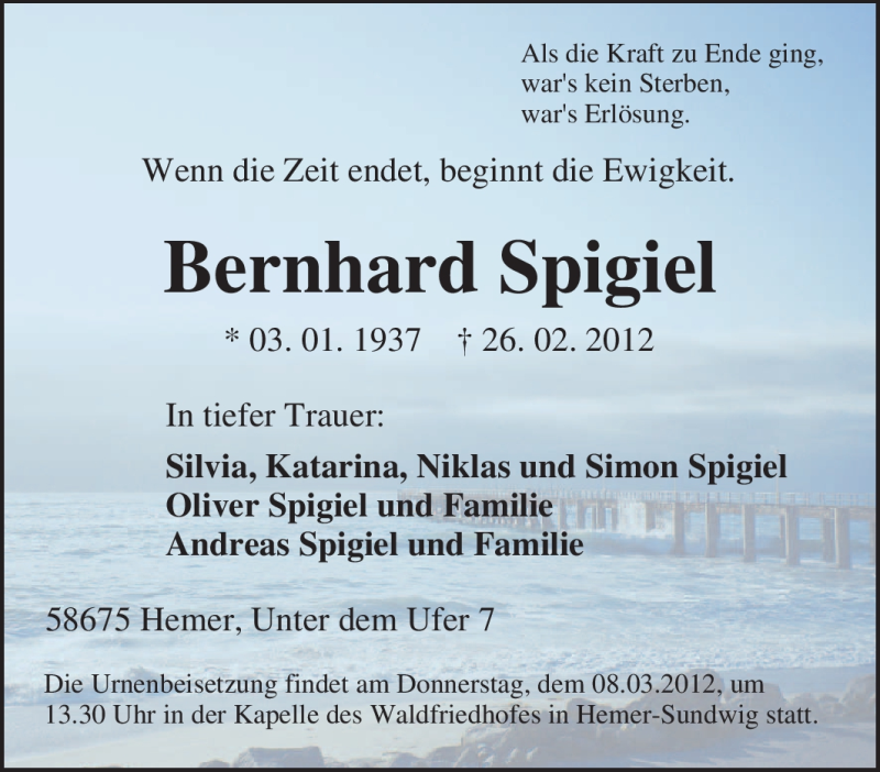  Traueranzeige für Bernhard Spigiel vom 03.03.2012 aus Tageszeitung
