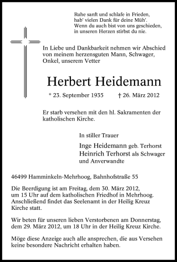 Traueranzeige von Herbert Heidemann von Tageszeitung