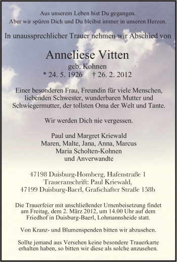 Traueranzeige von Anneliese Vitten von Tageszeitung