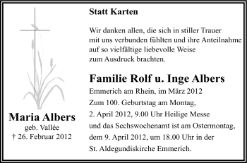 Traueranzeige von Maria Albers von Tageszeitung