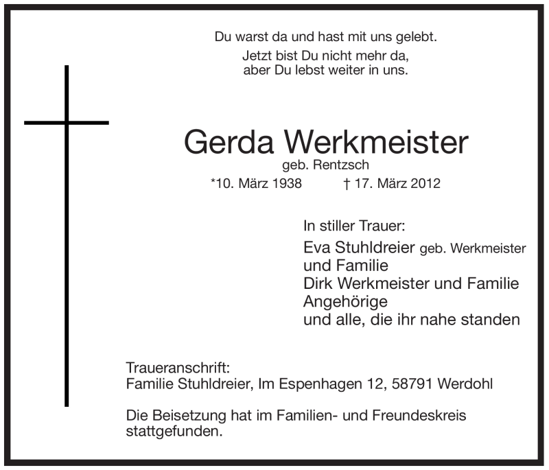  Traueranzeige für Gerda Werkmeister vom 27.03.2012 aus Tageszeitung