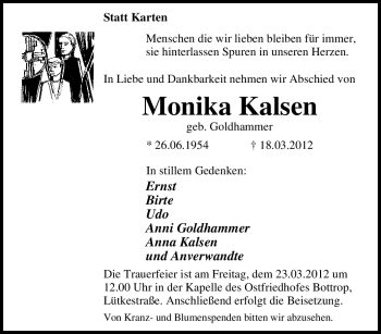 Traueranzeige von Monika Kalsen von Tageszeitung