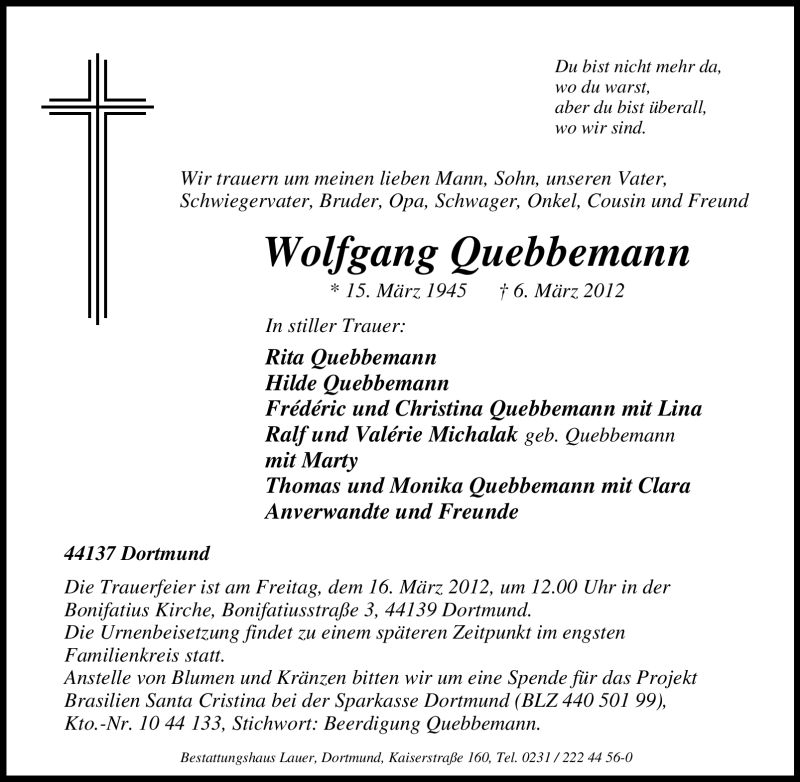  Traueranzeige für Wolfgang Quebbemann vom 10.03.2012 aus Tageszeitung