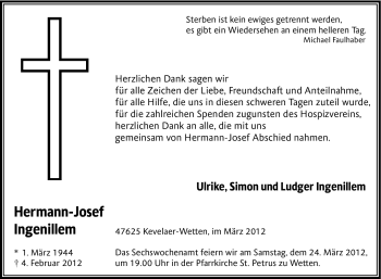 Traueranzeige von Hermann-Josef Ingenillem von Tageszeitung