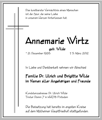 Traueranzeige von Annemarie Wirtz von Tageszeitung