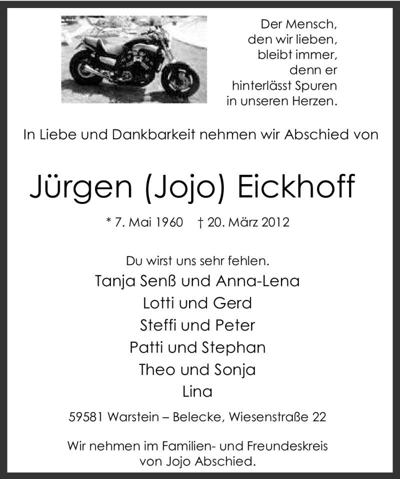  Traueranzeige für Jürgen Eickhoff vom 23.03.2012 aus Tageszeitung