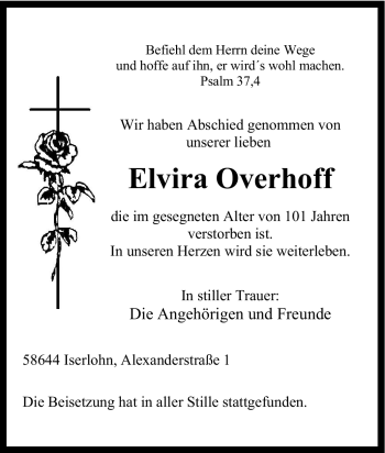 Traueranzeige von Elvira Overhoff von Tageszeitung