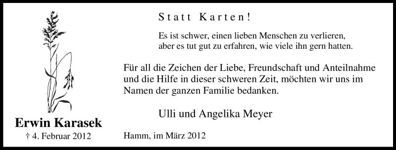  Traueranzeige für Erwin Karasek vom 03.03.2012 aus Tageszeitung