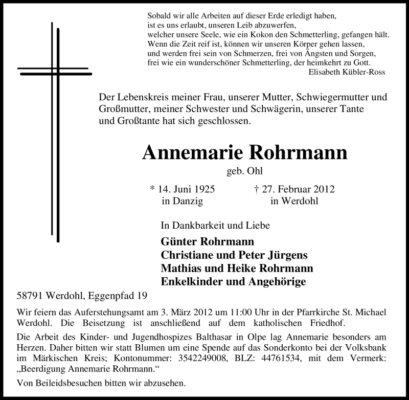  Traueranzeige für Annemarie Rohrmann vom 01.03.2012 aus Tageszeitung