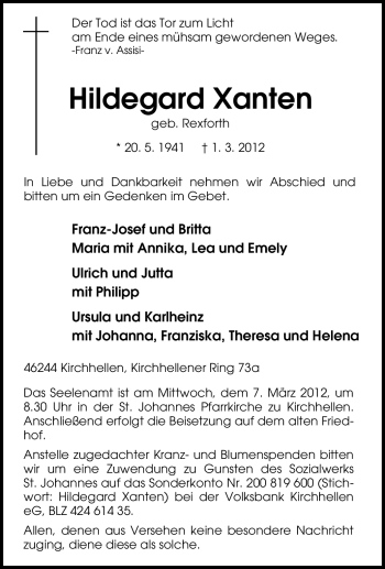Traueranzeige von Hildegard Xanten von Tageszeitung