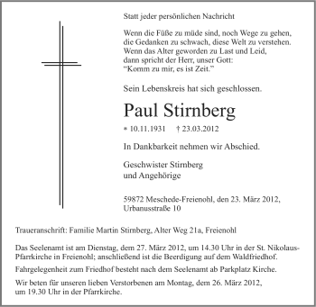 Traueranzeige von Paul Stirnberg von Tageszeitung