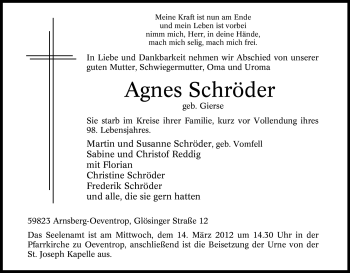 Traueranzeige von Agnes Schröder von Tageszeitung