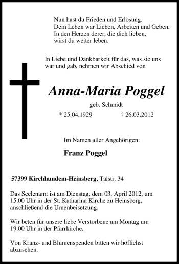 Traueranzeige von Anna-Maria Poggel von Tageszeitung
