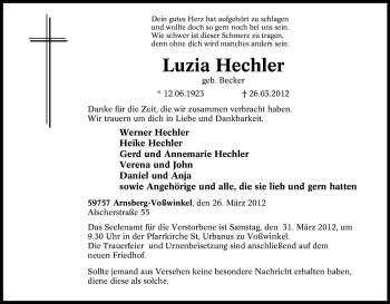 Traueranzeige von Luzia Hechler von Tageszeitung