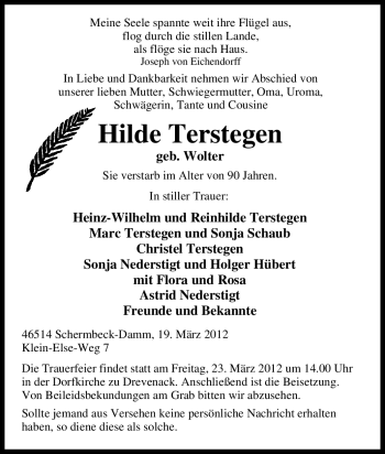 Traueranzeige von Hilde Terstegen von Tageszeitung