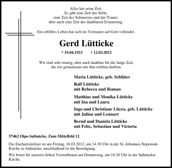 Traueranzeige von Gerd Lütticke von Tageszeitung