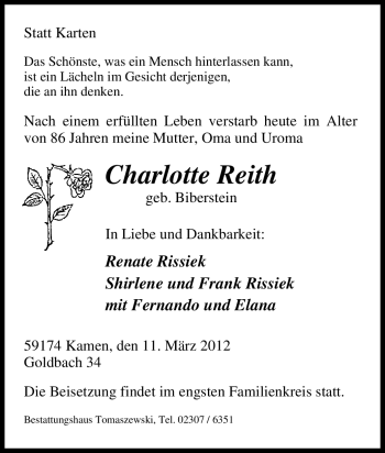 Traueranzeige von Charlotte Reith von Tageszeitung