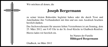 Traueranzeige von Joseph Bergermann von Tageszeitung