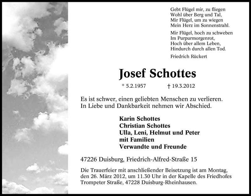  Traueranzeige für Josef Schottes vom 22.03.2012 aus Tageszeitung