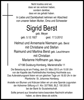 Traueranzeige von Sigrid Berst von Tageszeitung