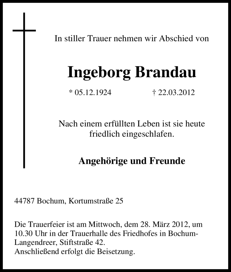  Traueranzeige für Ingeborg Brandau vom 24.03.2012 aus Tageszeitung