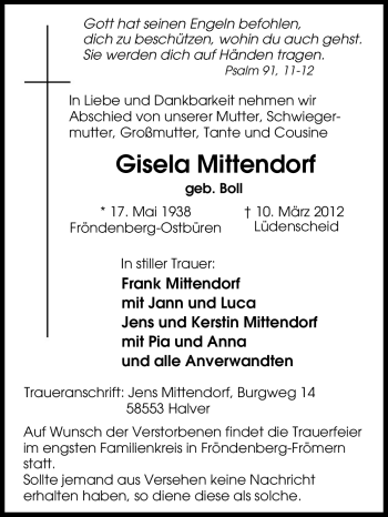 Traueranzeige von Gisela Mittendorf von Tageszeitung
