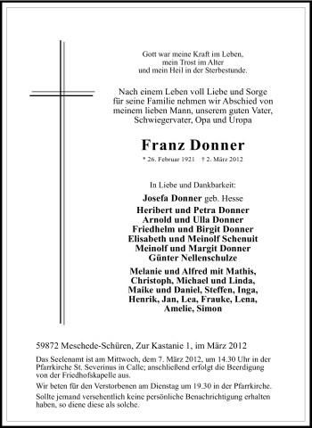 Traueranzeige von Franz Donner von Tageszeitung