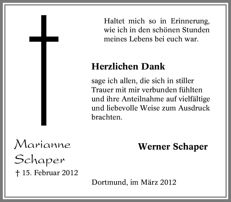  Traueranzeige für Marianne Schaper vom 17.03.2012 aus Tageszeitung