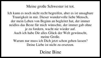 Traueranzeige von Schwester Unbekannt von Tageszeitung