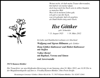 Traueranzeige von Ilse Göttker von Tageszeitung