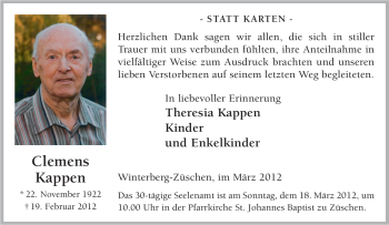 Traueranzeige von Clemens Kappen von Tageszeitung