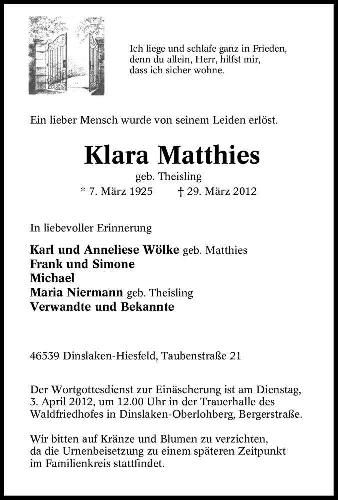  Traueranzeige für Klara Matthies vom 30.03.2012 aus Tageszeitung