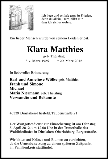 Traueranzeige von Klara Matthies von Tageszeitung