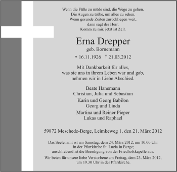 Traueranzeige von Erna Drepper von Tageszeitung