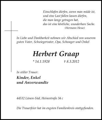 Traueranzeige von Herbert Graap von Tageszeitung