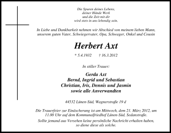 Traueranzeige von Herbert Axt von Tageszeitung