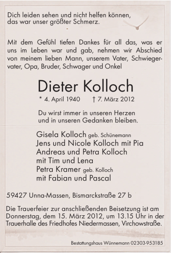 Traueranzeige von Dieter Kolloch von Tageszeitung