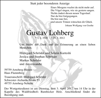 Traueranzeige von Gustav Lohberg von Tageszeitung