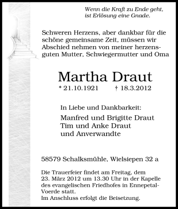 Traueranzeige von Martha Draut von Tageszeitung