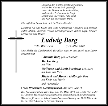 Traueranzeige von Ludwig Berg von Tageszeitung