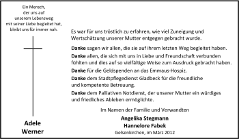 Traueranzeige von Adele Werner von Tageszeitung